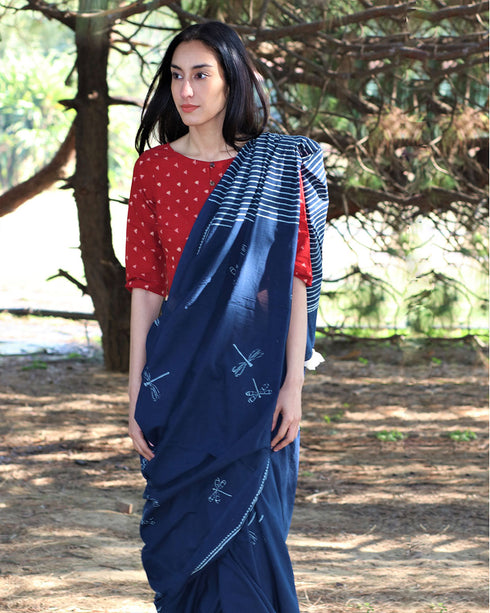 Dragonfly Flight Hand Block Printed Cotton Saree